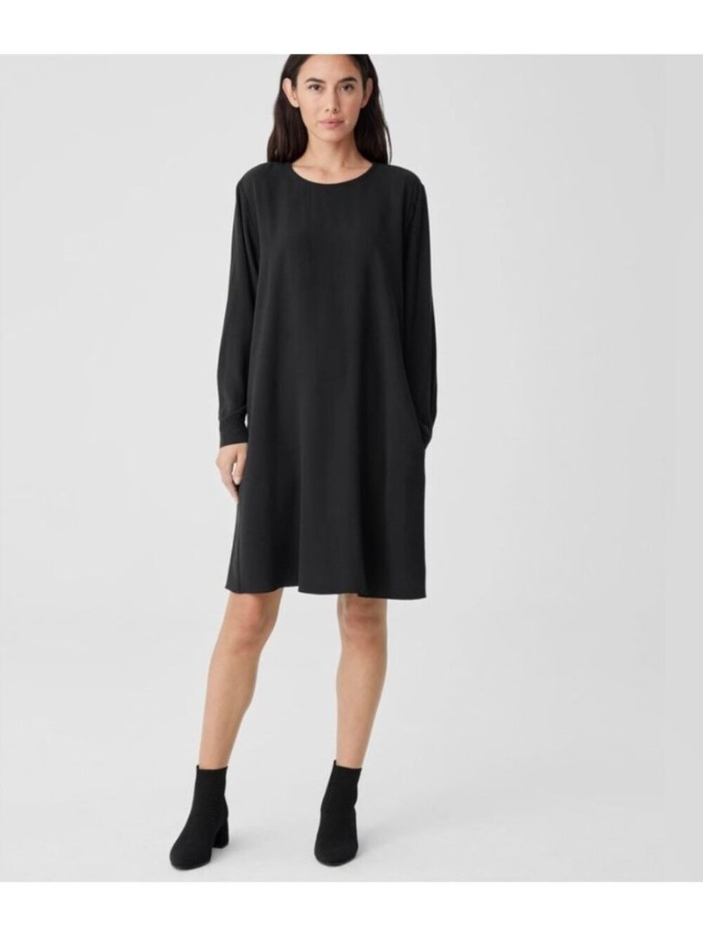EILEEN FISHER black silk long sleeve swing dress size L